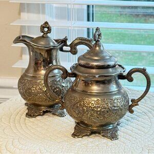 Vintage Silver Plated Creamer & Sugar Bowl Set With Ornate Handles And Feet